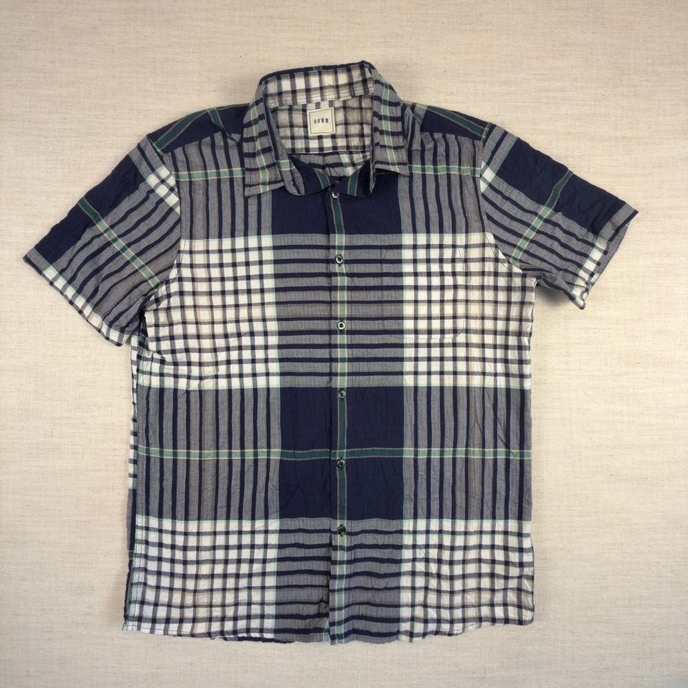 ROWM Mens Short Sleeve Plaid Button Down Shirt Navy Green L
